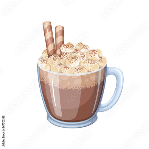Hot chocolate with marshmallow vector illustration. Cartoon isolated glass mug with Christmas choco drink, with cocoa powder and cute sweet candy sticks, cozy chocolate beverage to stay warm in winter