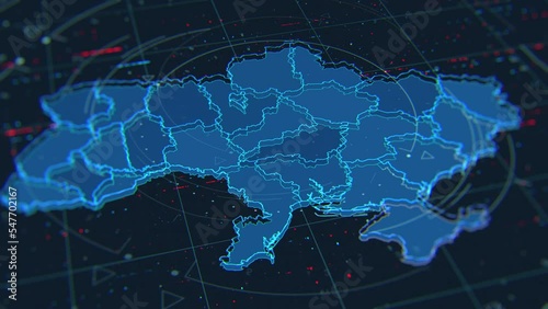 High Tech Animated Map of Ukraine with highlighted regions and HUD elements, sign and lines. Tech Animated map of Ukraine with highlighted independent territories and regions.