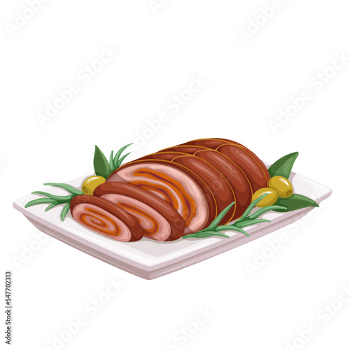 Christmas roulade vector illustration. Cartoon isolated meat roll cut into slices on plate with herbs and olives, baked beef sirloin or pork steak stuffed with spices for eating on Christmas dinner