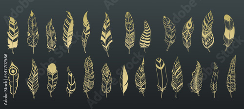 Boho feathers of birds line icons set vector illustration. Hand drawn outline gold feathers with different patterns and native ethnic ornaments, bohemian fashion plume collection for dream catcher