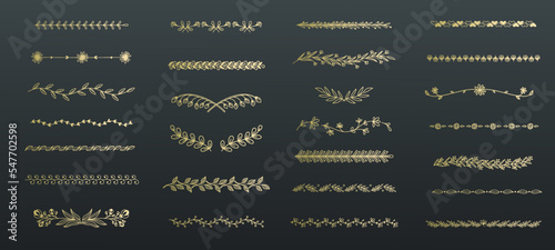 Floral dividers line icons set vector illustration. Hand drawn outline ornate gold borders, simple divider frame of vine with leaf, decorative flowers on boarder, flourish separator for title