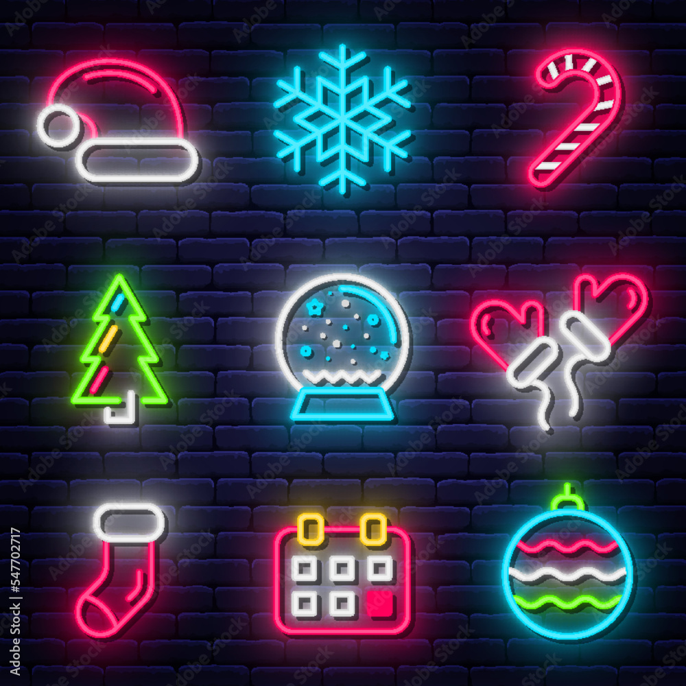 Merry Christmas neon icons collection. Christmas glowing neon icons, symbols and design elements. Collection of neon light signs, banners and signboards for Christmas decoration. Vector Merry Christmas neon icons collection. Christmas glowing neon icons, symbols and design elements. Collection of neon light signs, banners and signboards for Christmas decoration. Vector