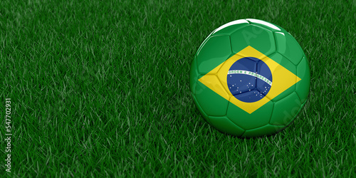 Brazil National football with country flag pattern. Soccer tournament concept. Sports betting. Realistic 3D rendered grass background, copy space. Set of 26 images.