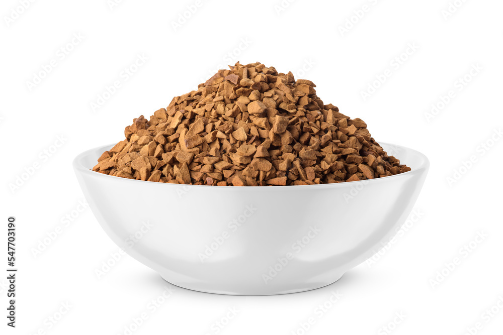 Instant granulated coffee in round bowl isolated on white. Front view. Instant granulated coffee in round bowl isolated on white. Front view.