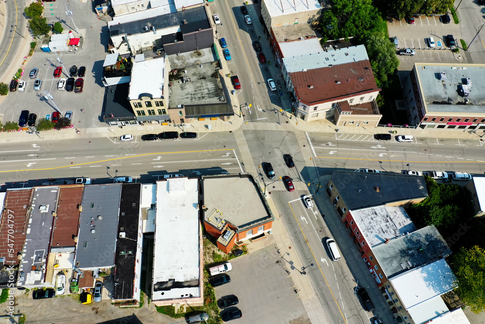 Aerial view of downtown Ingersoll, Ontario, Canada