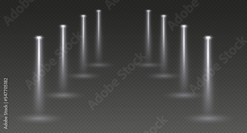 Stage spotlights, realistic light corridor, shiny white beams overlay effect for music stage or awards nomination. Interior lights isolated on a dark backgorund. Vector illustration.