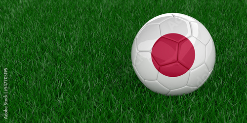Japan National football with country flag pattern. Soccer tournament concept. Sports betting. Realistic 3D rendered grass background  copy space. Set of 26 images.