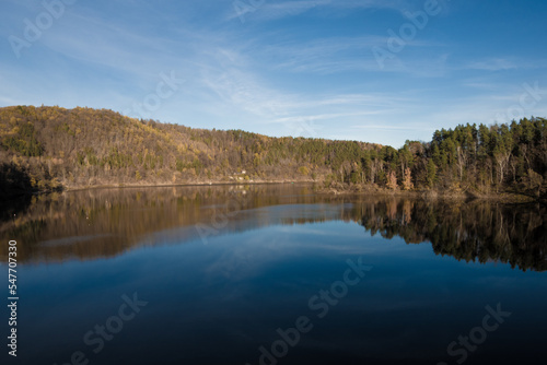 view of the Pilchowice lake in the B  br valley near Jelenia G  ra in Poland 