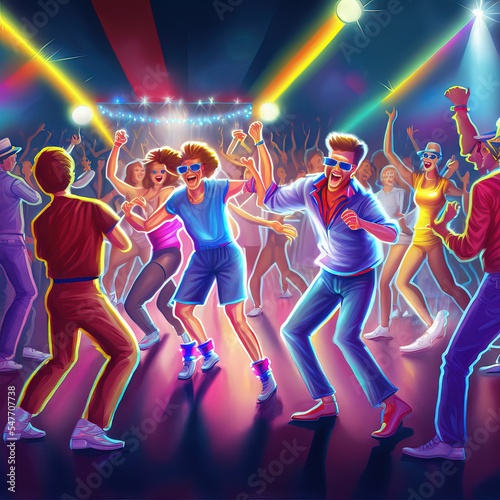 People Dancing in a Colorful Party, Very Happy and Energized, with neon and led lights, in a Club in the Night