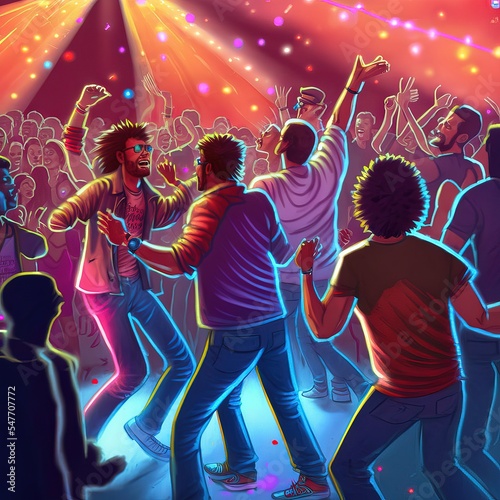 People Dancing in a Colorful Party, Very Happy and Energized, with neon and led lights, in a Club in the Night