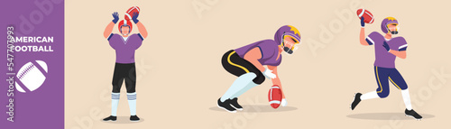Collection of styles for American football players holding the ball and using a helmet in playing. American football concept. Colored flat graphic vector illustration isolated.