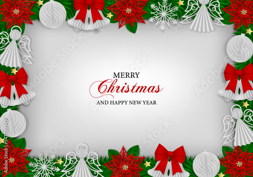 christmas background with paper decorations. christmas frame with paper elements. christmas greeting card with paper poinsettia flowers, bells, angels, balls, snowflakes and paper garland