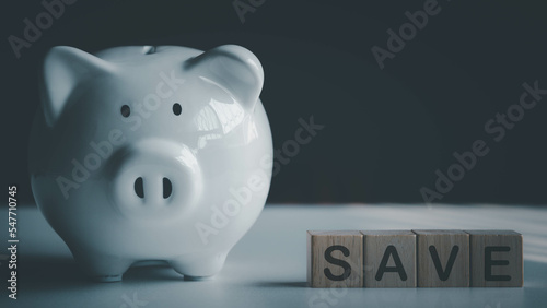 Save money and finance concept, piggy bank on white table with wood cube and wording SAVE. Save for retirement, education, investment, tax, expense.