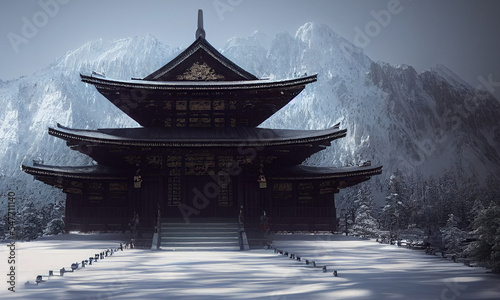 Lost buddhist temple at winter and snowy mountains at background. Postproducted generative AI illustration.