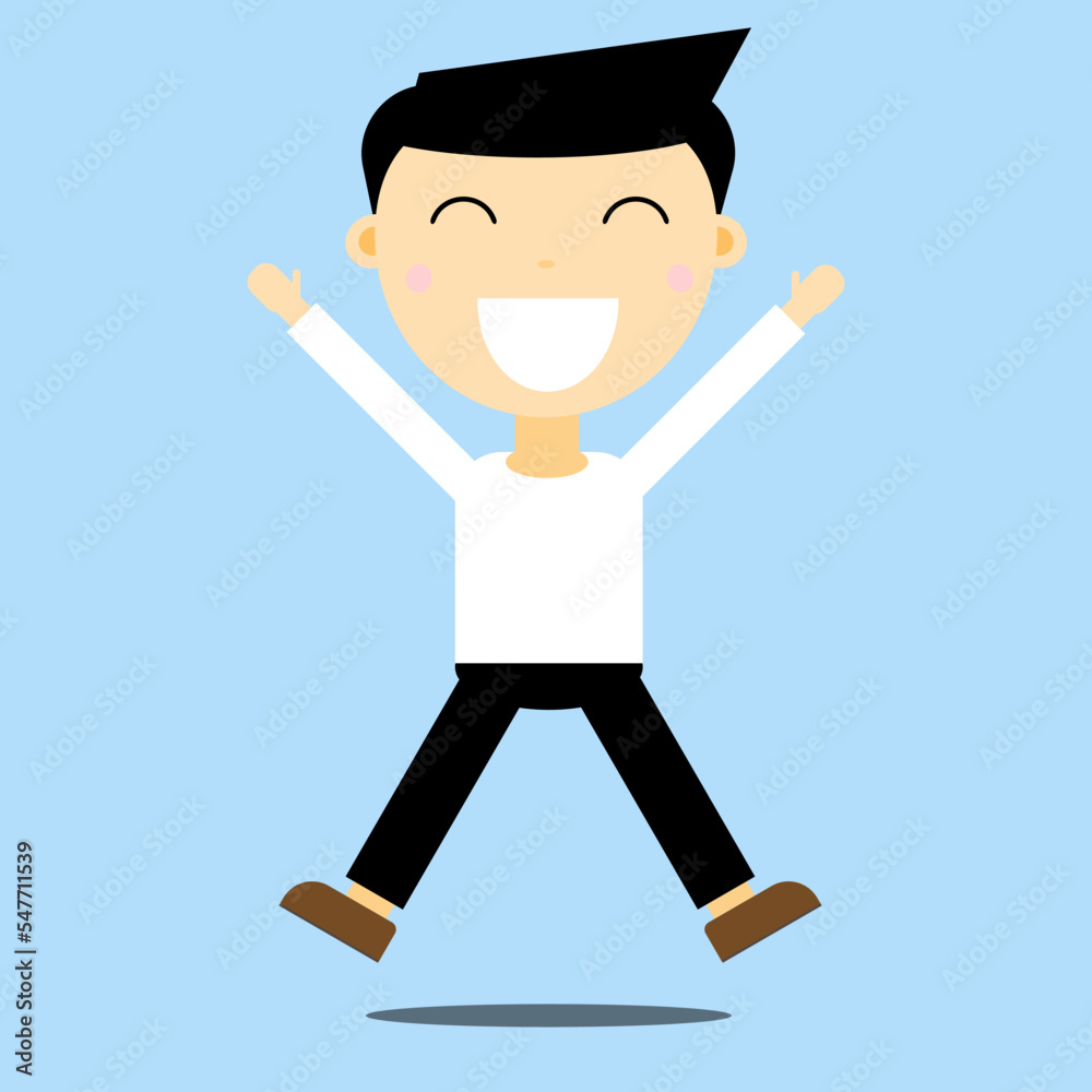 Cheerful man jumping with happiness isolated blue background Cheerful man jumping with happiness isolated blue background