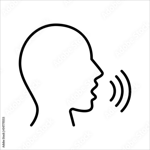 Speaking icon. Talk person sign or symbol , man with open mouth and sound wave , Voice command, speech icon for interact, vector illustration on white background.