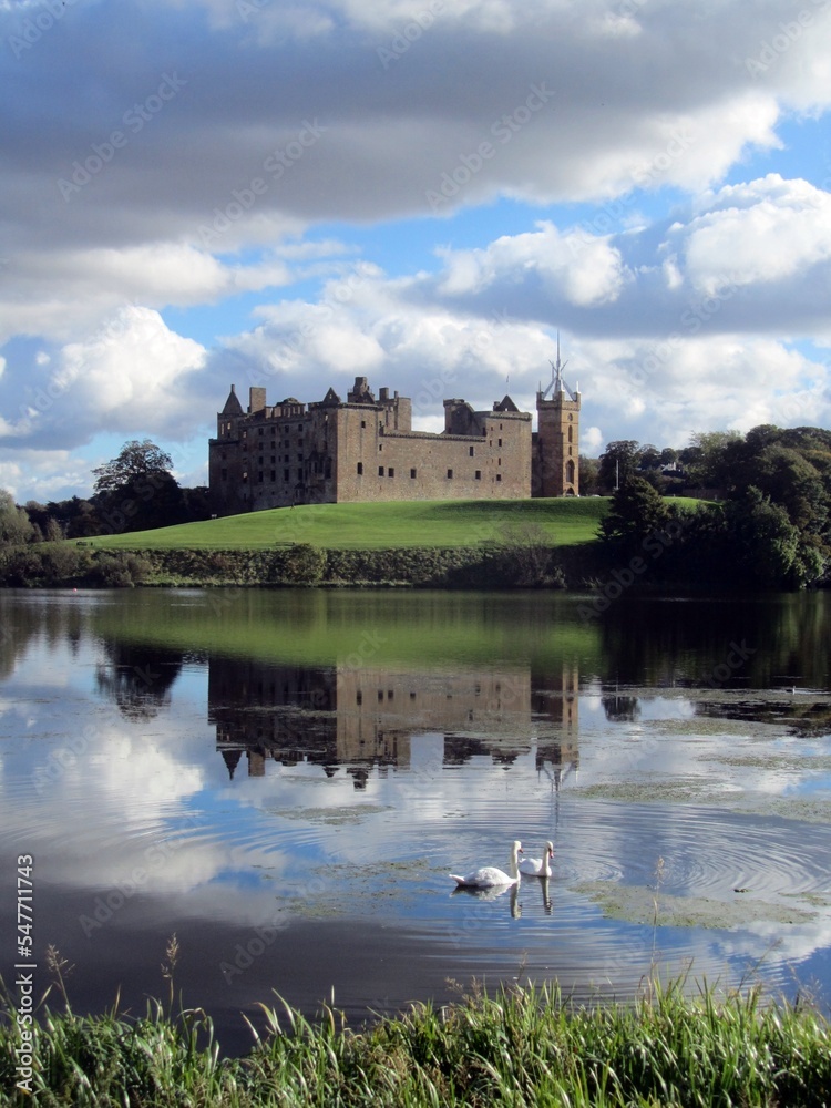 Linlithgow Loch, with Linlithgow Palace and St Michael's Church behind.