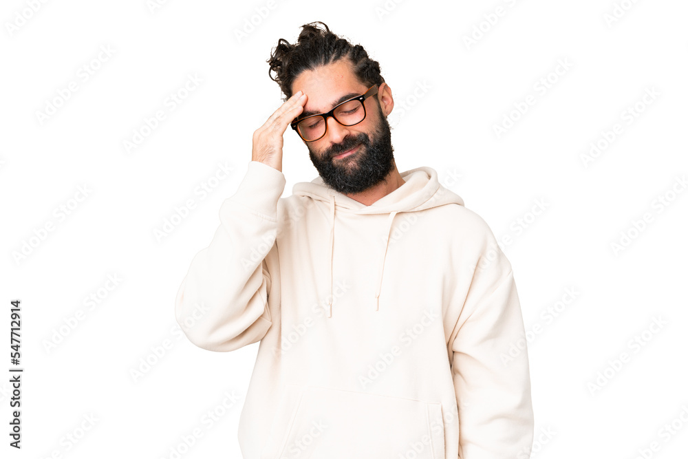 Young man with beard over isolated chroma key background with headache Young man with beard over isolated chroma key background with headache