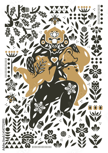 Mama Bear with three cubs wall art. Boho mystical vector poster about motherhood, parenthood. Hand drawn Scandinavian trendy geometric gold floral element Bohemian vintage tattoo, engraving style	