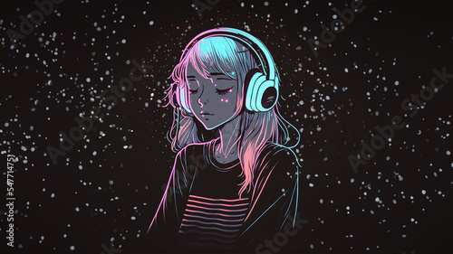 Beautiful anime girl floating in space with stars, listening to lofi hip hop music with headphones.