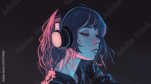 Beautiful anime girl listening to lofi hip hop music with headphones. Manga, cartoon drawing. photo