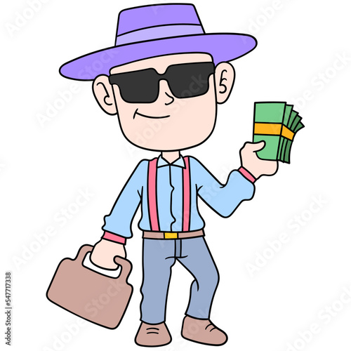 Editable vector of a man with black sunglasses and a hat holding money in his hand