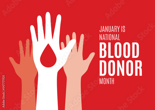 January is National Blood Donor Month vector. Human hands up and drop of blood vector. Voluntary blood donor raised hand up silhouette icon. Important day