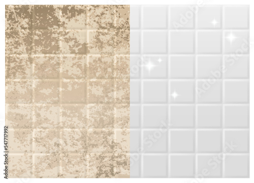 Tiled walls are dirty and clean. It is a comparison picture before and after cleaning. Used to advertise cleaners on bathroom walls, floors. Realistic EPS file.