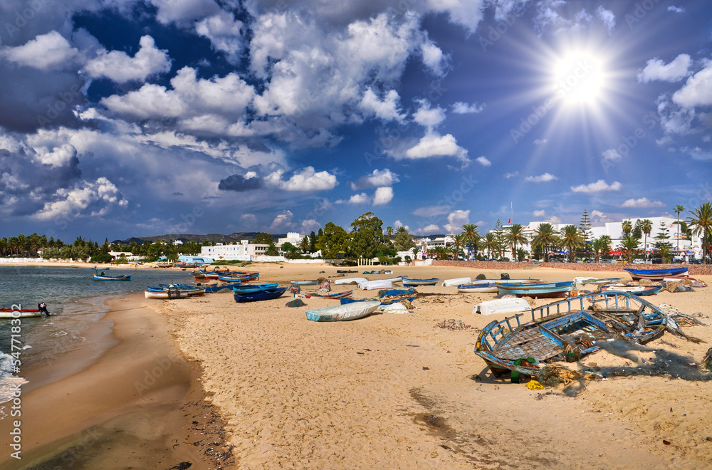 Boats on sunny beach Hammamet, Tunisia, Mediterranean Sea, Afric