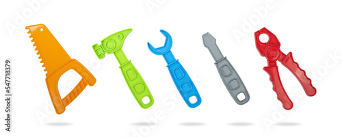 Toy repair tools isolated on white background. handsaw, hammer, wrench, screwdriver, hand pliers.