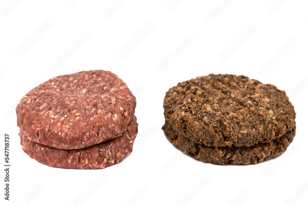 Two kinds of burger - vegan, veggie burger with sunflower seeds and beef meat burger