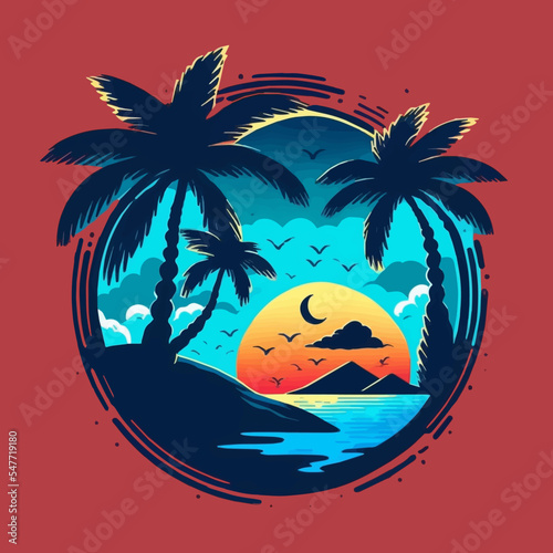 Tropical Island Beach Logo Vintage Surf Badge Illustration