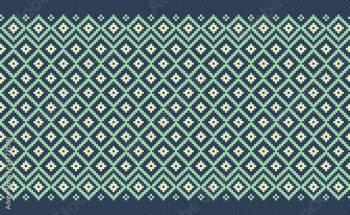 Pixel ethnic pattern, Vector embroidery aztec background, Geometric continuous Nordic style, Green pattern ethnic illustration, Design for textile, fabric, curtain, curtain, wall art