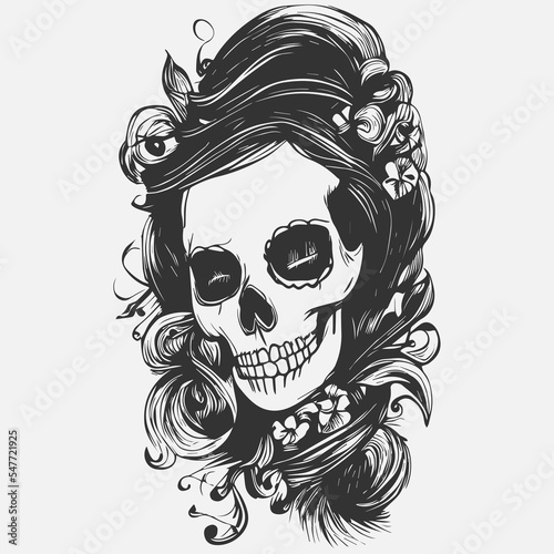 feminine skull hand drawn vector black and white clip art