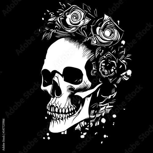 feminine skull with roses hand drawn black and white vector clip art