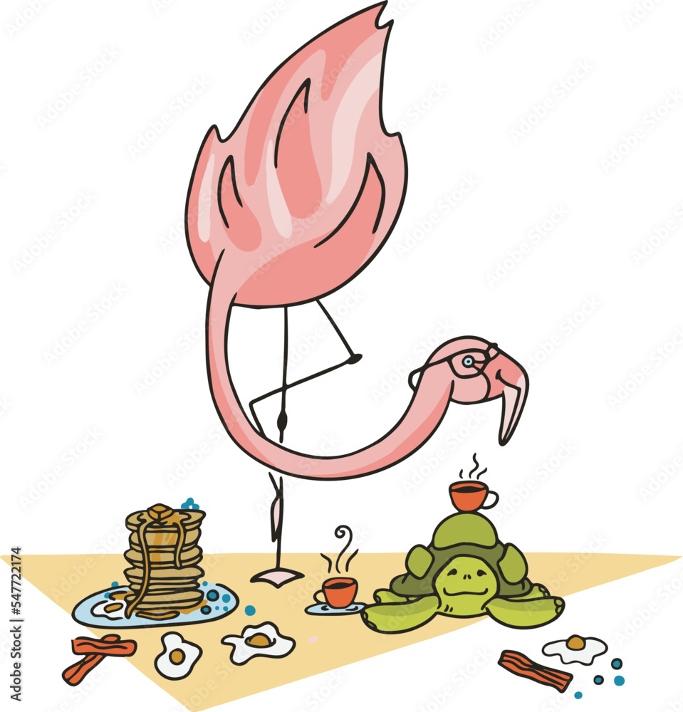 Flamingo and Turtle having Breakfast Cartoon Illustration for tshirts