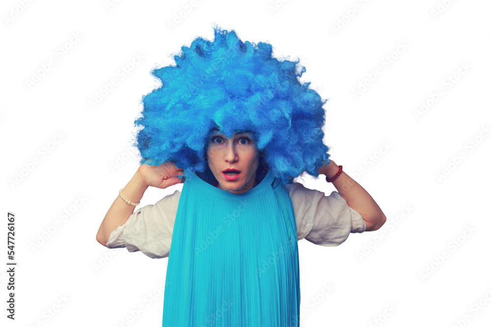 Woman in funny wigs give performance on a isolated white background. Showing a humorous show on a dark background Woman in funny wigs give performance on a isolated white background. Showing a humorous show on a dark background