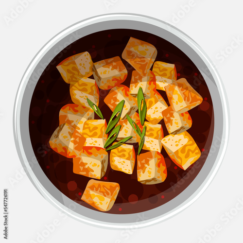 Vector illustration of Chinese food Mapo Tofu in the white plate isolated on white.