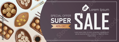Template sale banner design. Vector illustration of Chinese food and copy-space isolated on white and purple. Flyer, poster, coupon, brochure, menu, card concept.