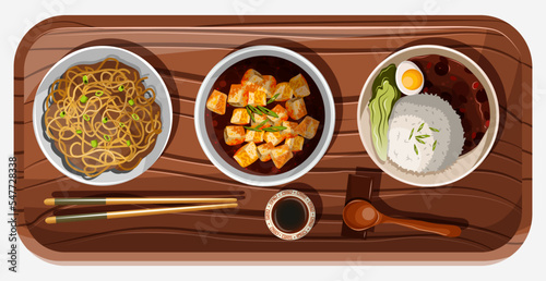Vector illustration of Chinese food noodles, Mapo tofu, rice, chopsticks, soy sauce on the wooden tray isolated on white.