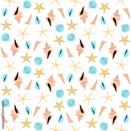 Boho seamless pattern with conch shells and sea stars on white background.