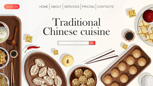 Vector template website design. Illustration of Chinese food Dim Sum Baozi,dumplings,chopsticks, rice, pastry and copy-space isolated on white. Promotion, cover, banner, poster concept.