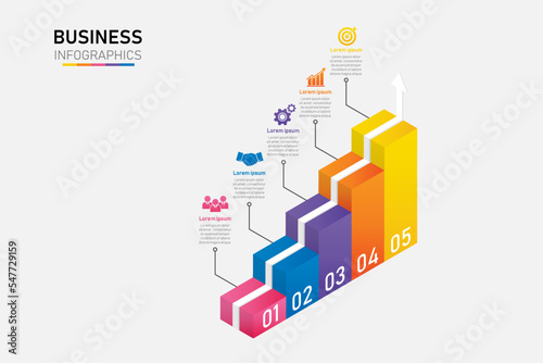 infographic 3d business stair for success. on white background. isometric and arrow step to goal. vector illustration.presentation and web design workflow diagram 5 options.staircase process template.