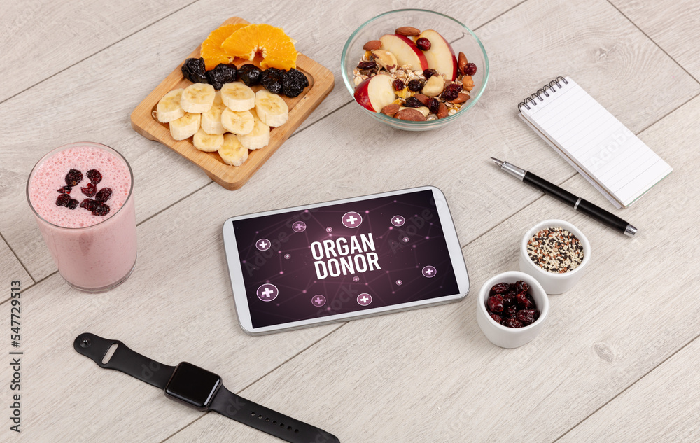 Tablet Pc with fruits, healthy concept Tablet Pc with fruits, healthy concept