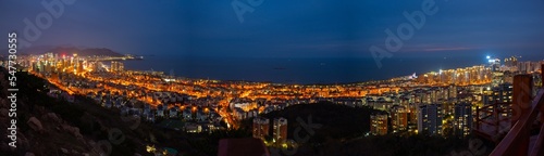 Aerial view of a sunset sky over the coastal city of Qingdao, Shandong Province, China,Panorama