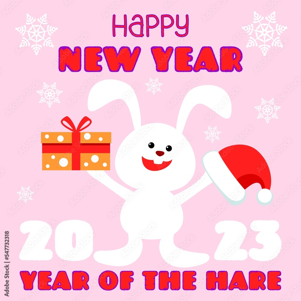 Greeting card with the new year, year of the hare on a pink background