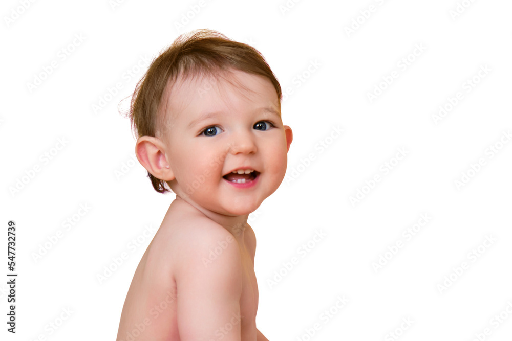 Happy baby toddler boy is sitting in a bathtub, isolated on white background. A smiling child at the age of one year Happy baby toddler boy is sitting in a bathtub, isolated on white background. A smiling child at the age of one year