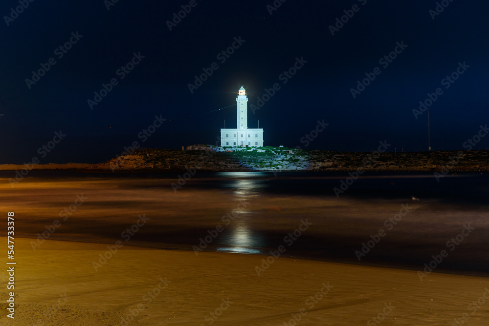 Vieste, Italy. Night view of the lighthouse of Vieste illuminated. September 9, 2022.