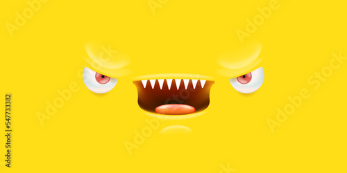 Vector angry yellow monster face with open mouth with fangs and evil eyes isolated on yellow horizontal background. Halloween cute and angry monster design template for poster, banner and tee print
