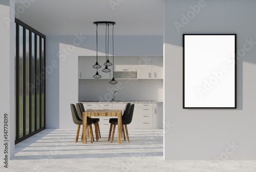 View of the wall and kitchen in the background and an empty frame to be completed. The concept of the kitchen, placing the product in the frame in front of the kitchen. 3D render; 3D illustration. photo
